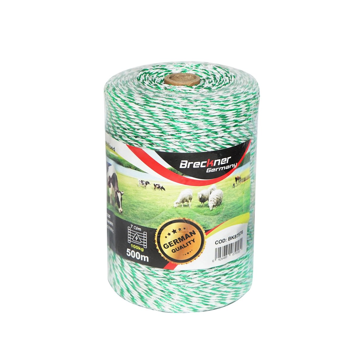 Rola fir alb-verde fi 2.5mm insertie metalica 4x0.2mm SS, rezistenta 7 Ohm/m, 500m gard electric Breckner Germany